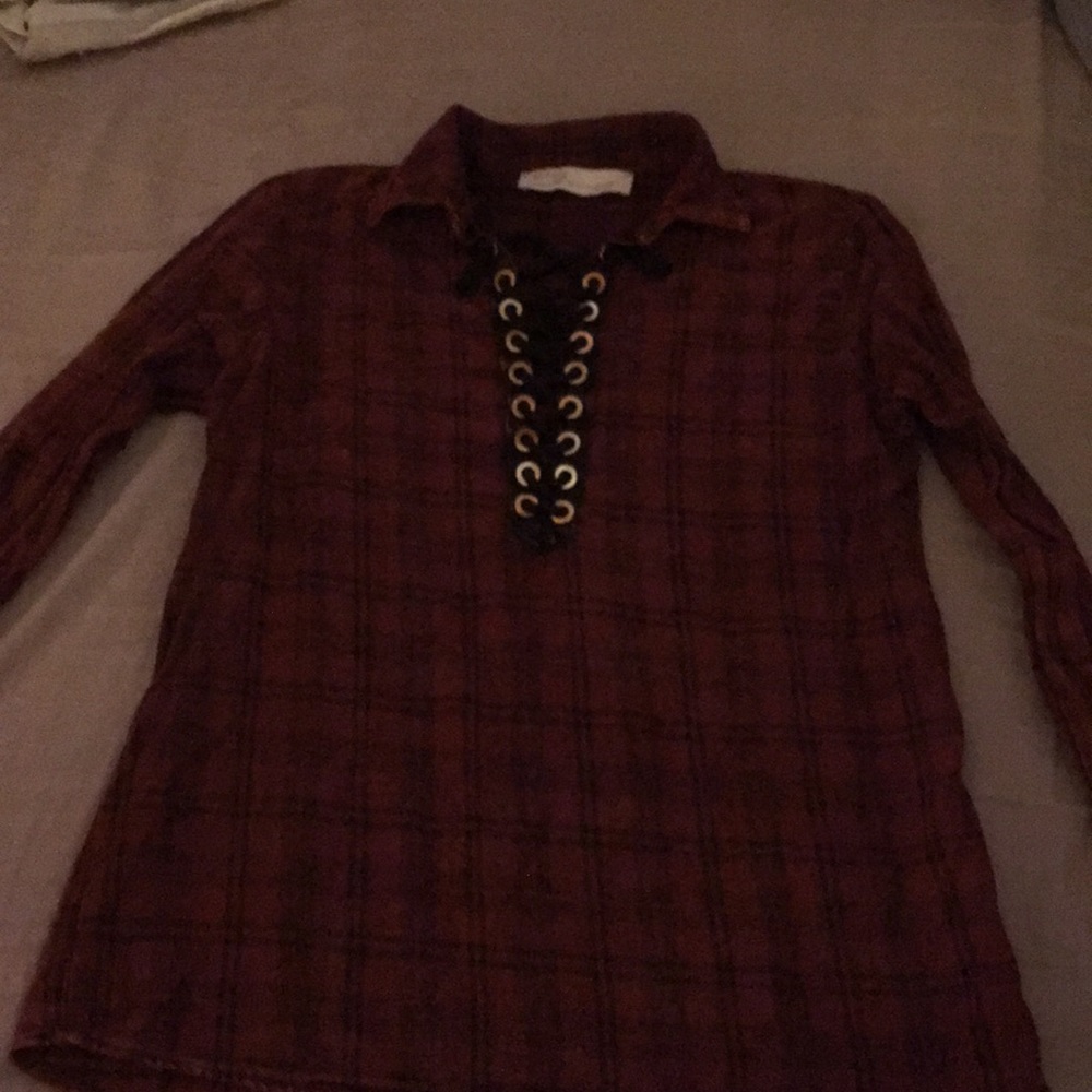 Long sleeved red plaid with washer tie up